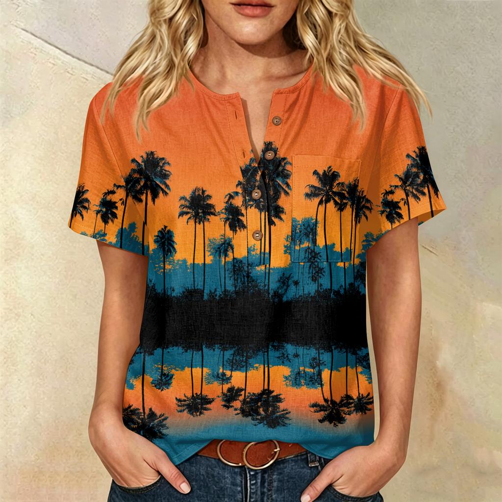 Damen Kurzarm Henley-Hemd mit Brusttasche Leichte Baumwoll-Leinen-Mischung Tropischer Print Lässiges Sommeroberteil