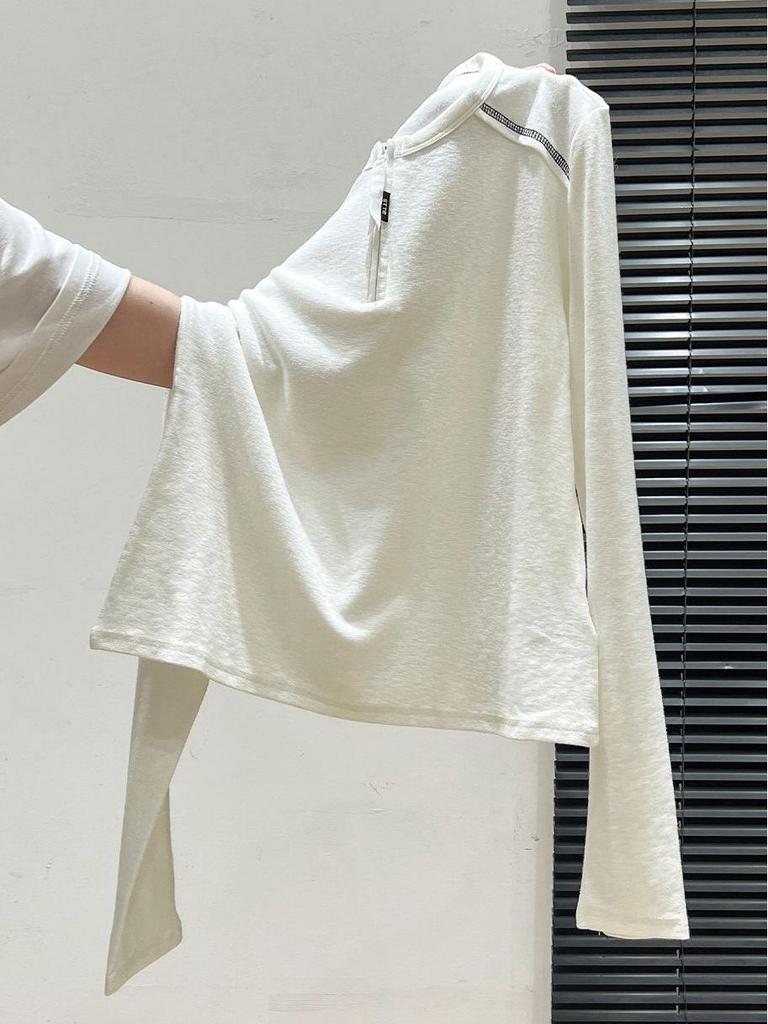 Women's Versatile White Half-Zip Round Neck Long Sleeve T-Shirt for Spring/Autumn
