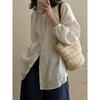 Spring/Summer 2026 Artistic Loose-Fit Plus Size Women's Linen Shirt with Pleated Stand Collar and Long Sleeves