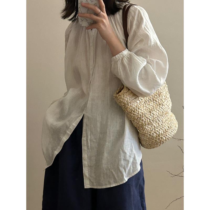 Spring/Summer 2026 Artistic Loose-Fit Plus Size Women's Linen Shirt with Pleated Stand Collar and Long Sleeves