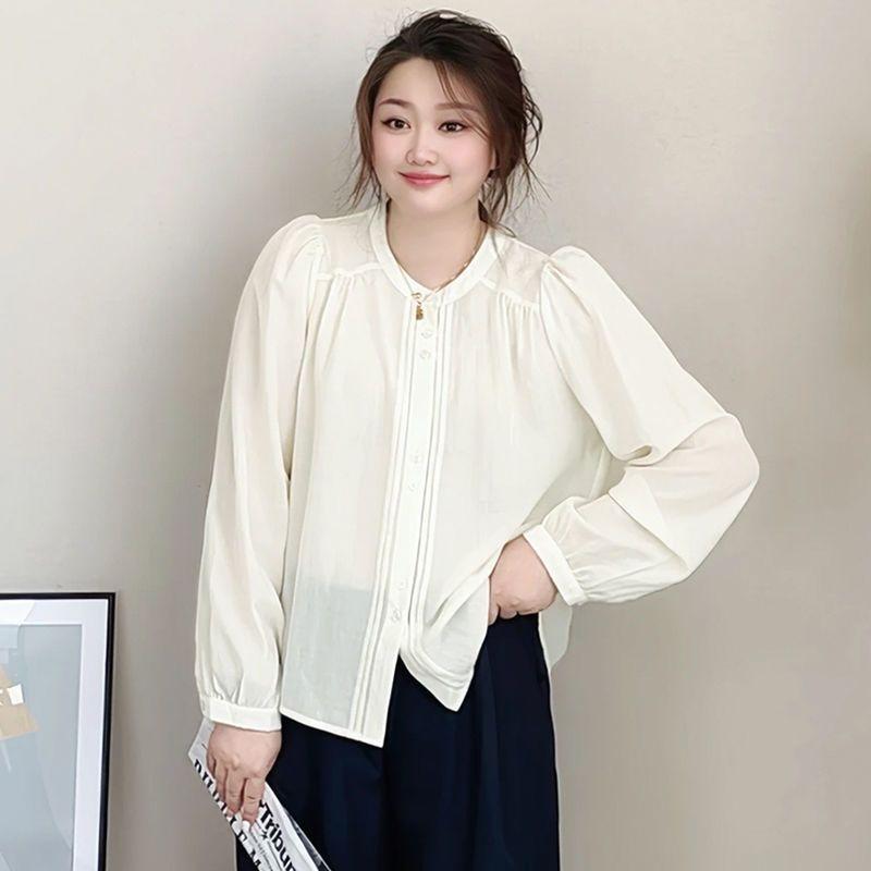 Retro Loose Long Sleeve Casual Round Neck Shirt Women's Fashion Button Splicing Puff Sleeve Temperament Versatile Cardigan