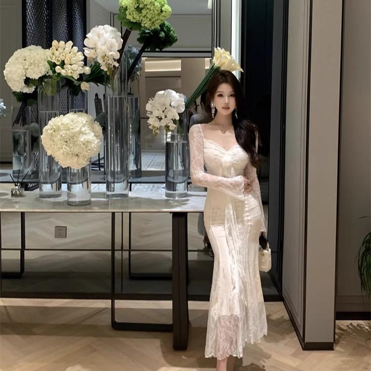 2026 French 3D Floral Ribbon Long Sleeve Lace Slimming Fishtail Formal Dress for Women