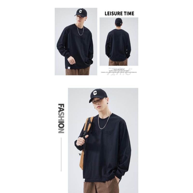 Heavyweight Pure Cotton Men Long Sleeve Crew Neck Loose Casual T Shirt