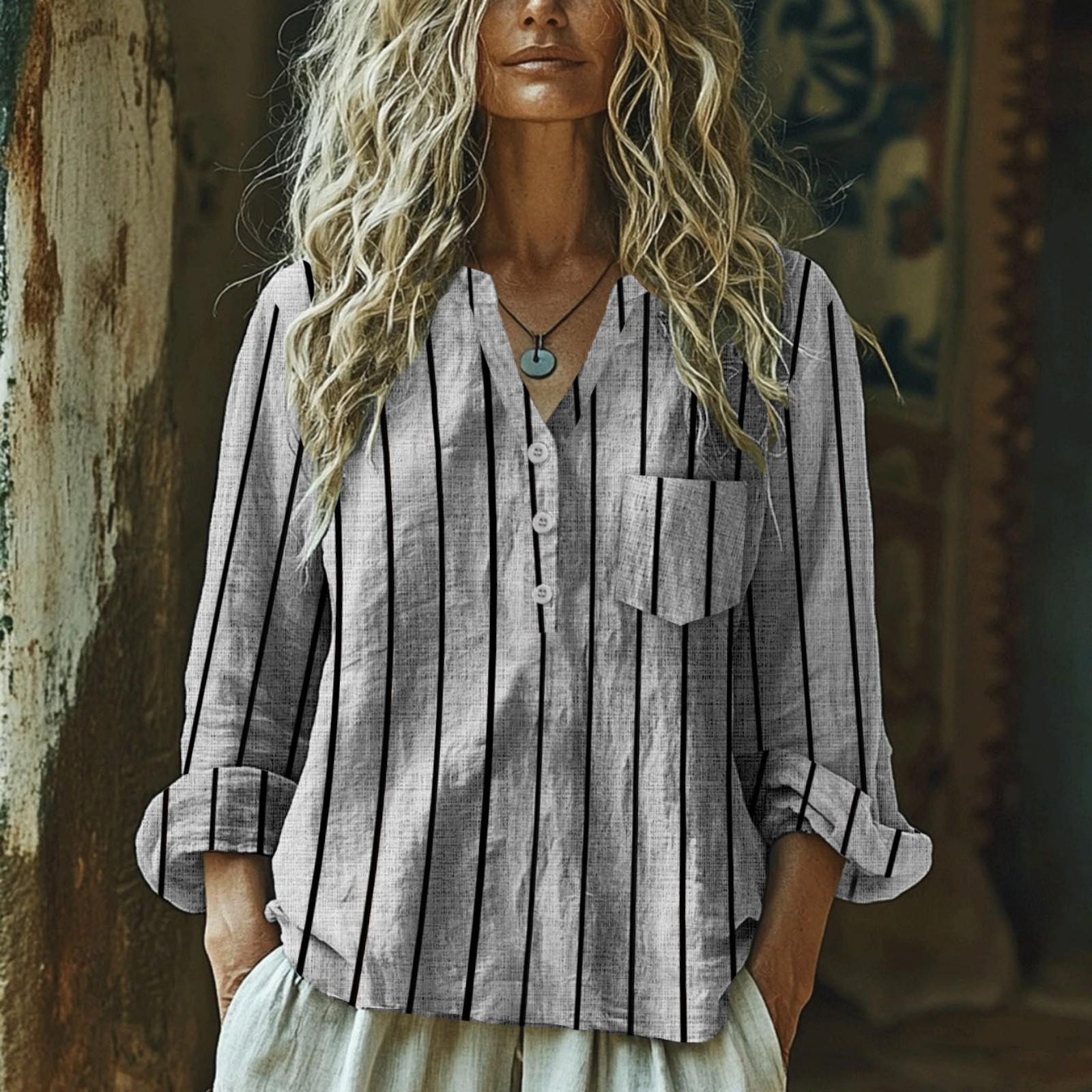 

Женская модная и повседневная однотонная хлопково-льняная блузка с V-образным вырезом и длинными рукавами на пуговицах XXL