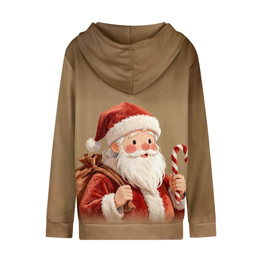 Dámská ležérní módní pletená mikina s kapucí na zip s dlouhým rukávem a vánočním potiskem