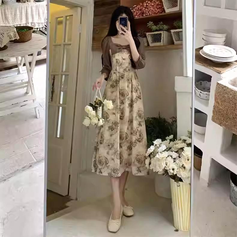 Retro Ink Floral Bow Suspender Skirt Women's Summer New French Gentle Wind Coffee Break Short-sleeved Dress