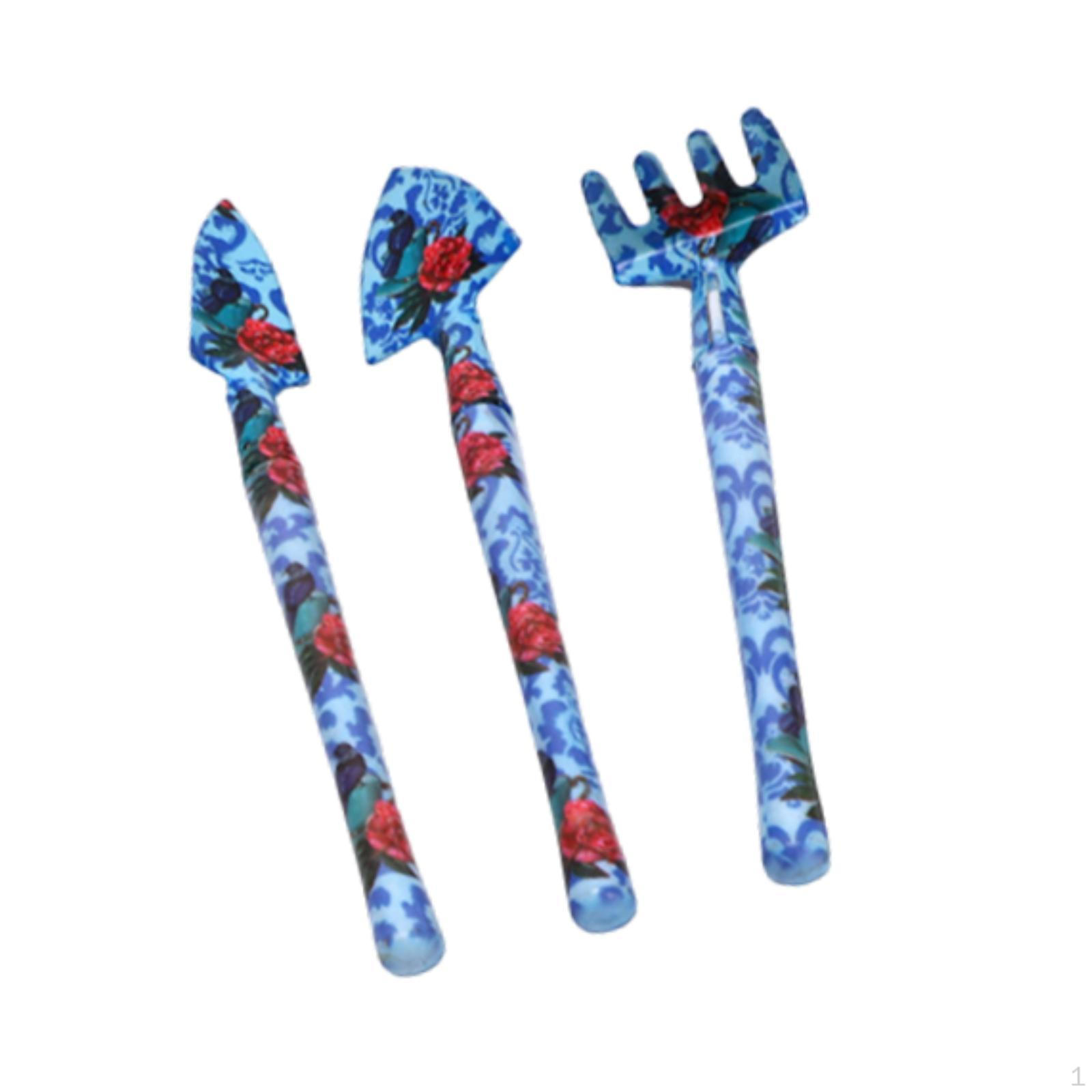 

3 Pieces Mini Garden Tools Kit Hand Trowel Iron Outdoor Beautiful Print Anti Rust Gardening синій