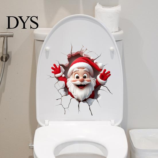 Removable PVC Mural Christmas Toilet Sticker, Funny Santa Claus Lid Tank Decals Self-Adhesive 3D Hole Waterproof Decal for Bathroom Decoration Festive