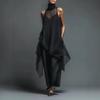 Women Mesh Panel Asymmetric Hem Maxi Dress Casual Loose Fit Dress with Inner Lining