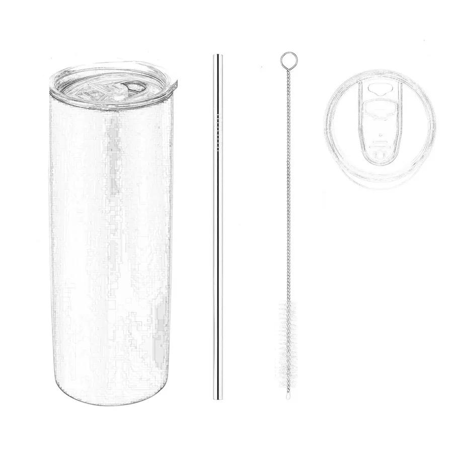20oz Sublimation Skinny Tumblers Straight Blanks Stainless Steel Coffee Mugs With Lid and Plastic Straw Sippy Cups Reusable Ya741