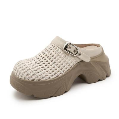 7.5CM Women's Platform Slip-On Shoes Thick Bottom Woven Half Slippers Spring Summer New Style Retro Roman Style Leather Sandals