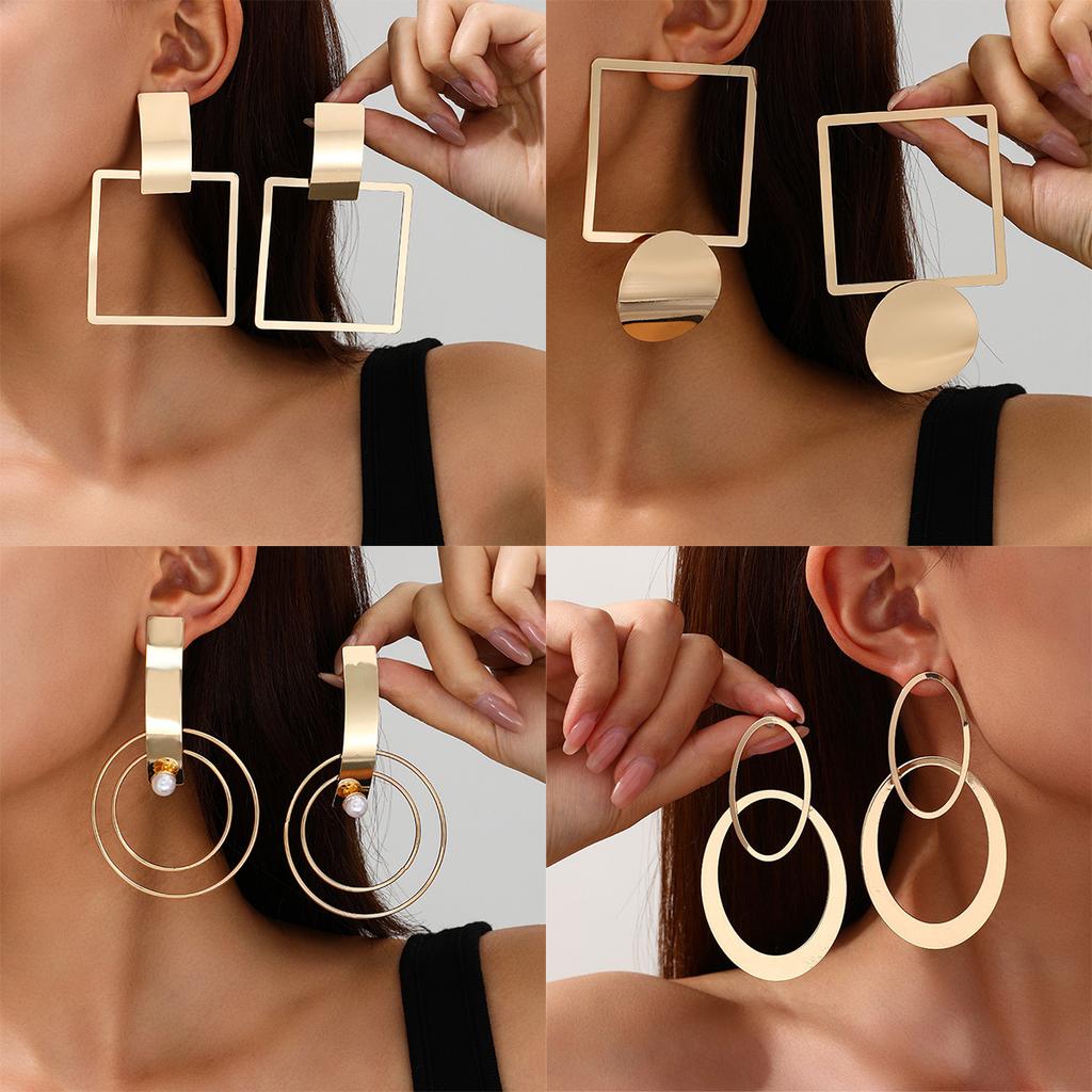 Trendy personality exaggerated geometric oval hollow square circle versatile earrings suitable for street photography