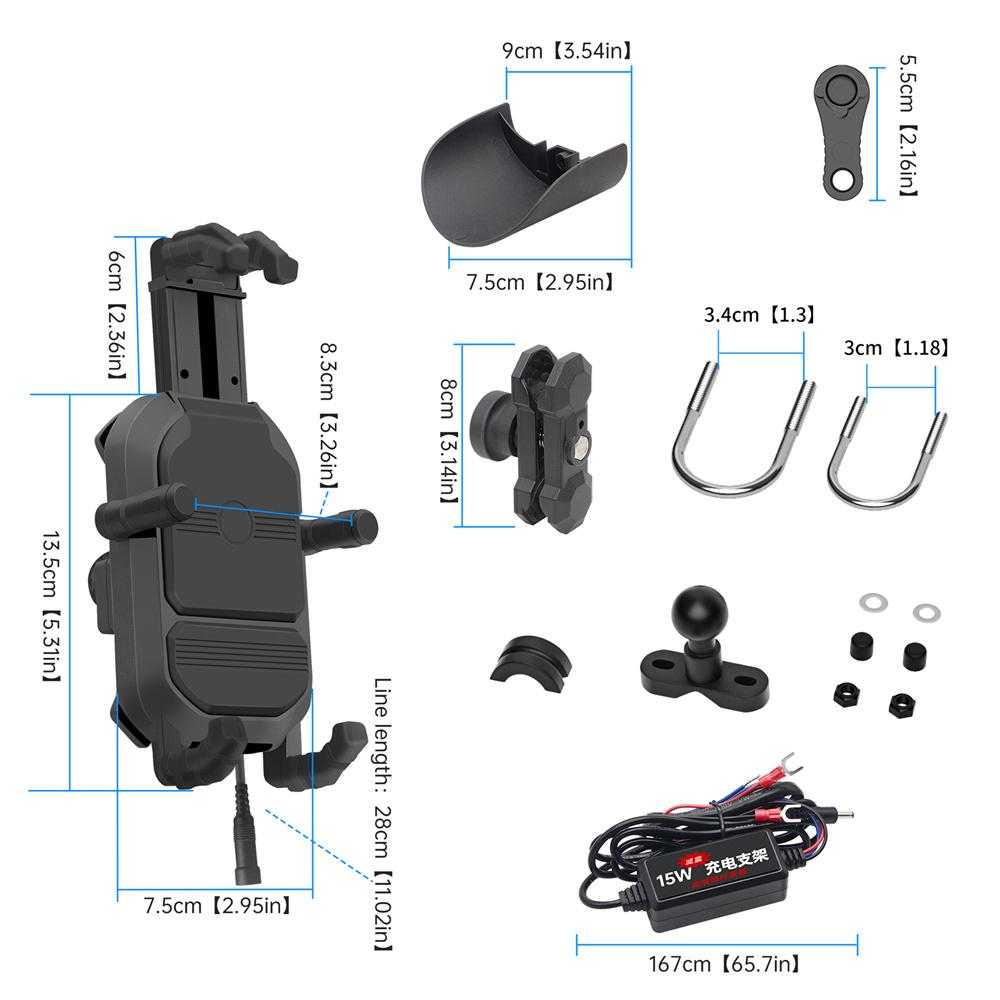 Motorcycle Handlebar Phone Holder 15W Wireless Charger QC3.0 360 ° Rotatable
