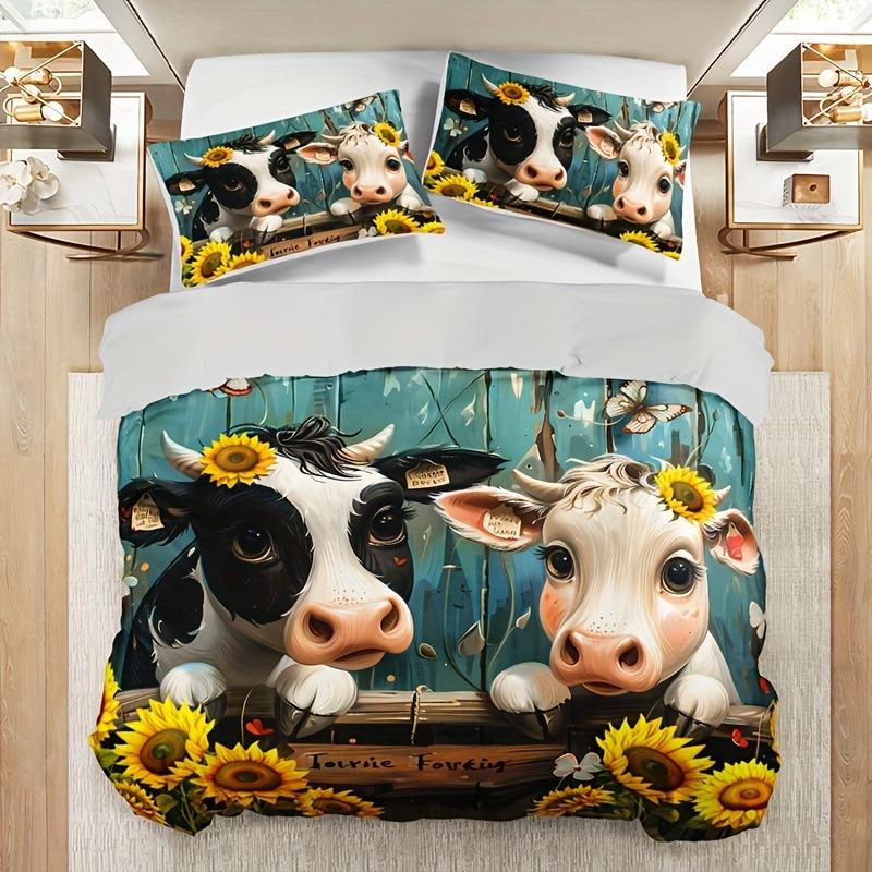 Farm Cow Duvet Cover Three-Piece Sunflower Quilt Cover Cute Cow Bedding Set