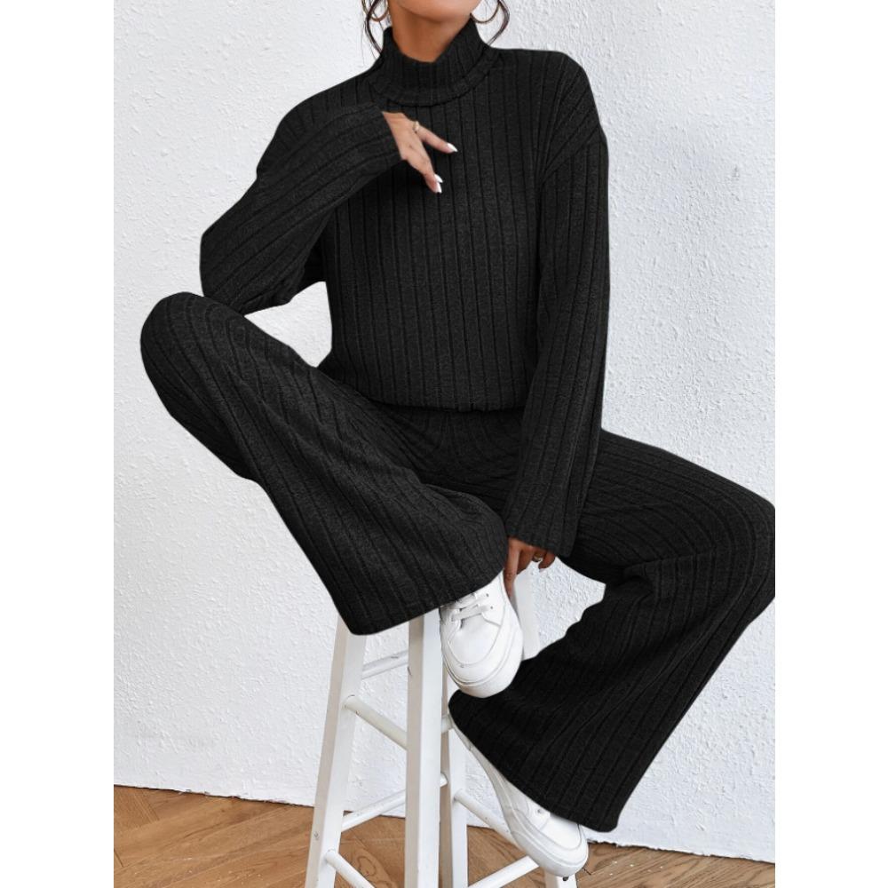 Completo casual da donna in 2 pezzi, felpa a collo alto in maglia a maniche lunghe e set di pantaloni larghi per autunno inverno