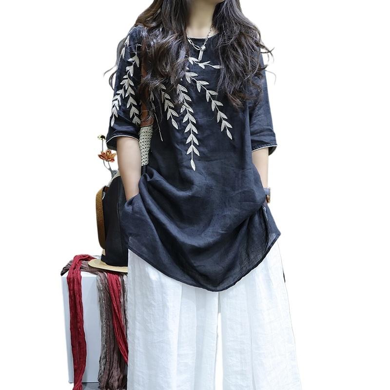 Fashion O-Neck Embroidery Asymmetrical Blouses Women's Clothing Summer Loose Vintage Tops Office Lady Irregular Shirts