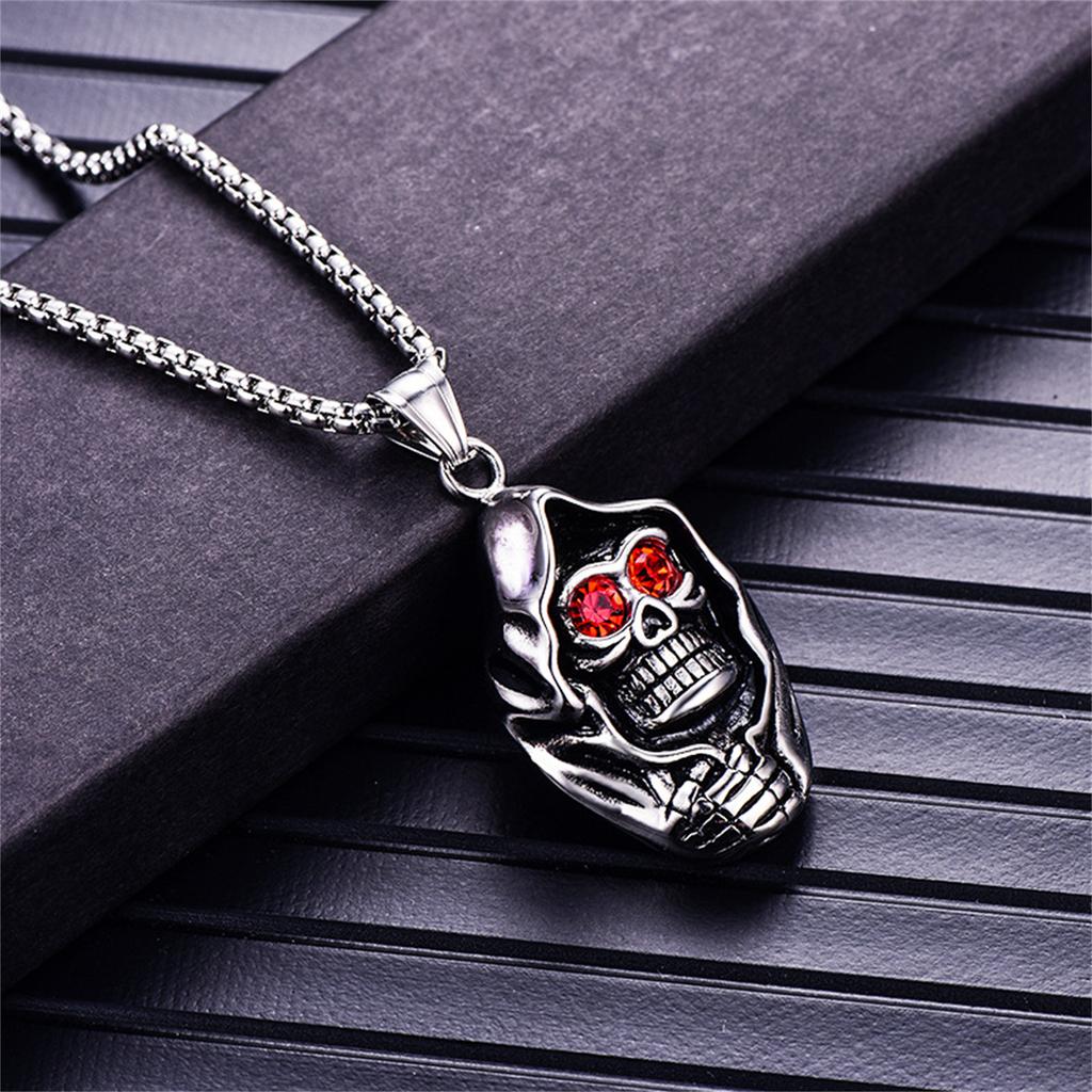 Santa Muerte Skull Pendant Necklace Stainless Steel with Red Zircon Eyes Our Lady of Holy Death Mexican Grim Reaper Punk Jewelry