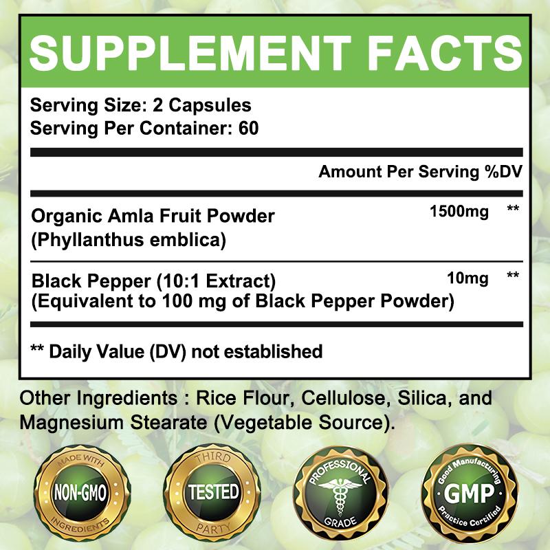 Integratori in Polvere di Frutto Amla Biologico 1500mg Pepe Nero (10:1 Estratto) 120 capsule