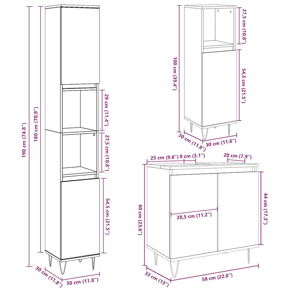 3 Piece Bathroom Furniture Set Concrete Grey Particleboard