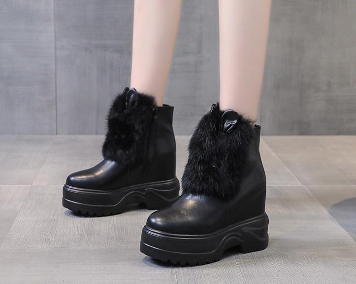 New Chunky Boots Women Rabbit Fur Waterproof High Platform Warm Sneakers Winter Leather Snow Boots 9.5CM Thick Sole Ankle Boots