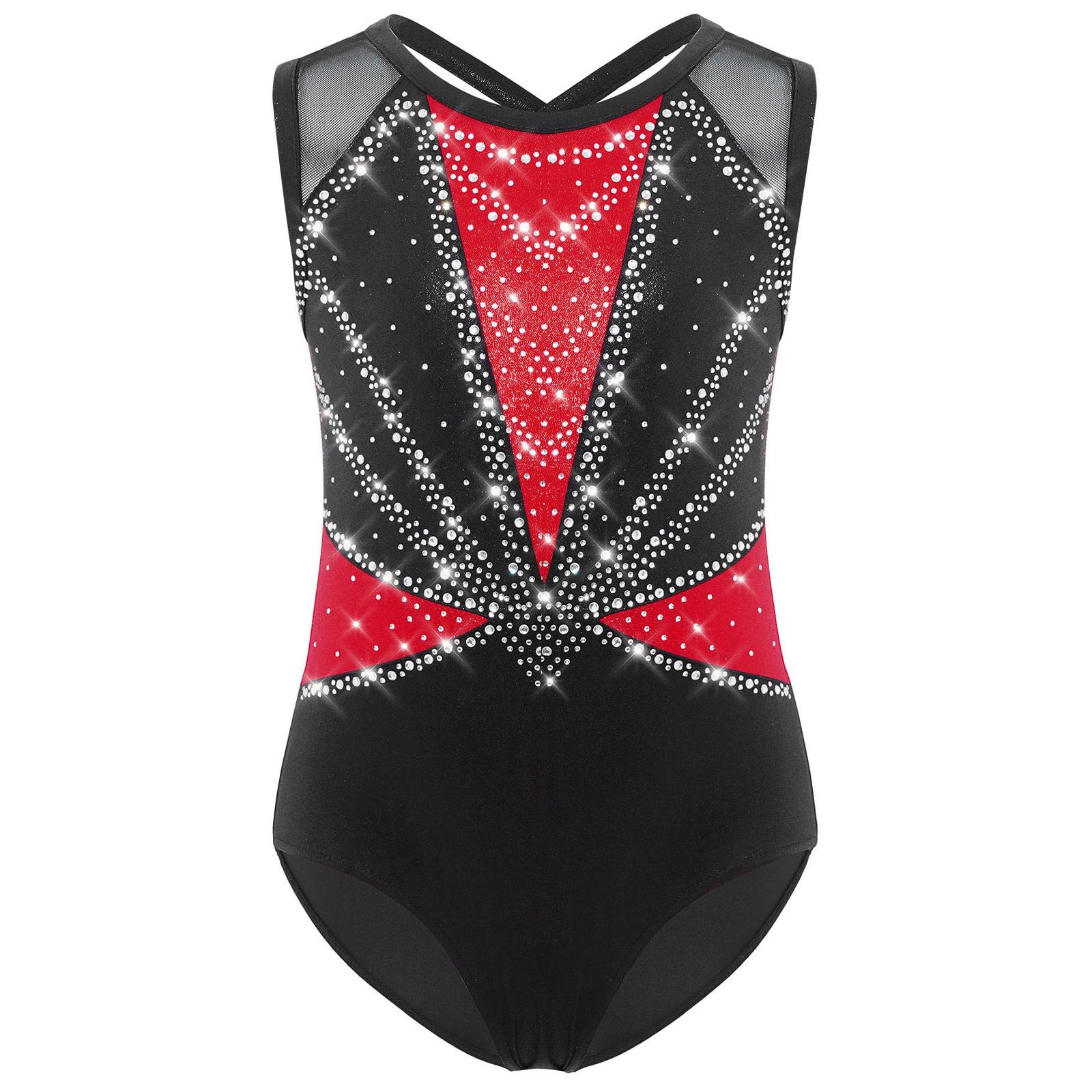 

Дитячий гімнастичний купальник з перехрещеною спинкою, без рукавів, з круглим вирізом, блискучими стразами, металізований танцювальний костюм 9-10 Years