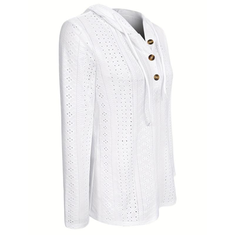 Felpa con cappuccio a occhielli e bottoni a tinta unita, felpa casual a maniche lunghe con coulisse, abbigliamento da donna