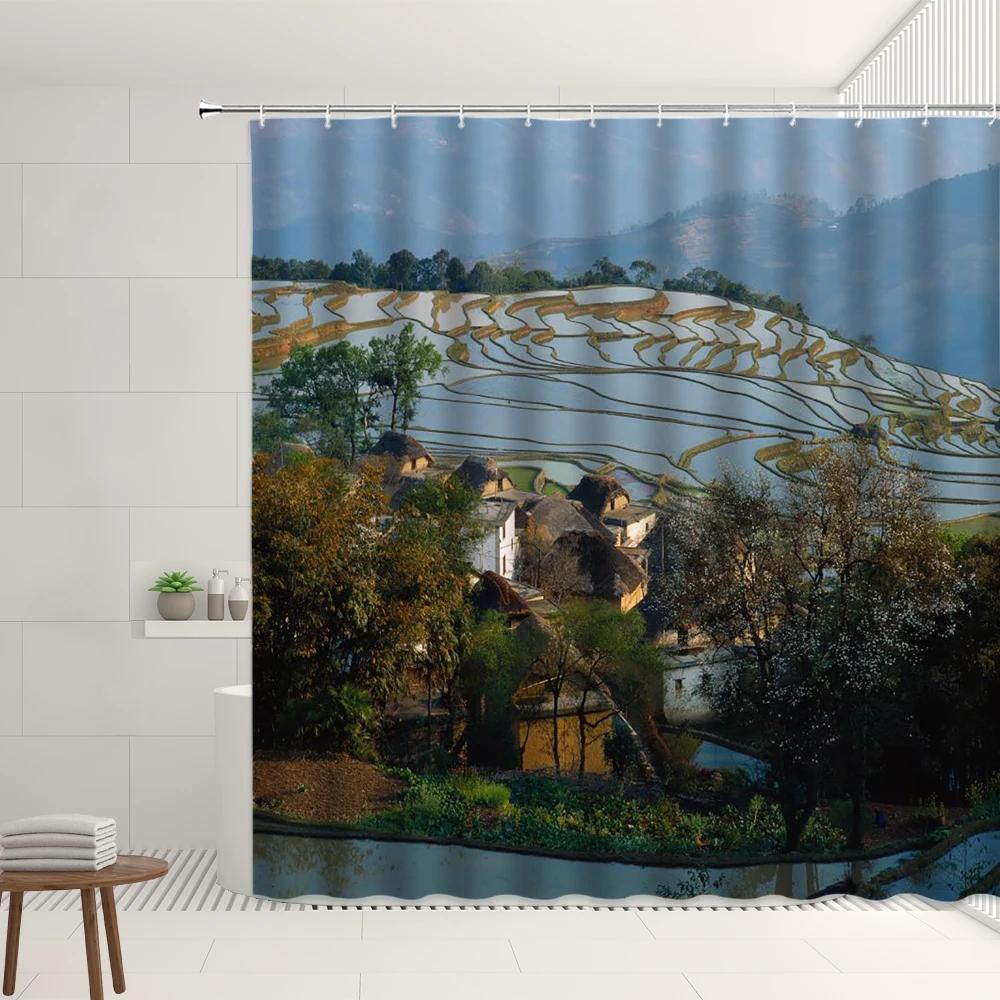 Farm Scenery Shower Curtain Old Retro Farmhouse Green Bamboo Forest Tree Autumn View Garden Decor Wall Covering Bathroom Screens