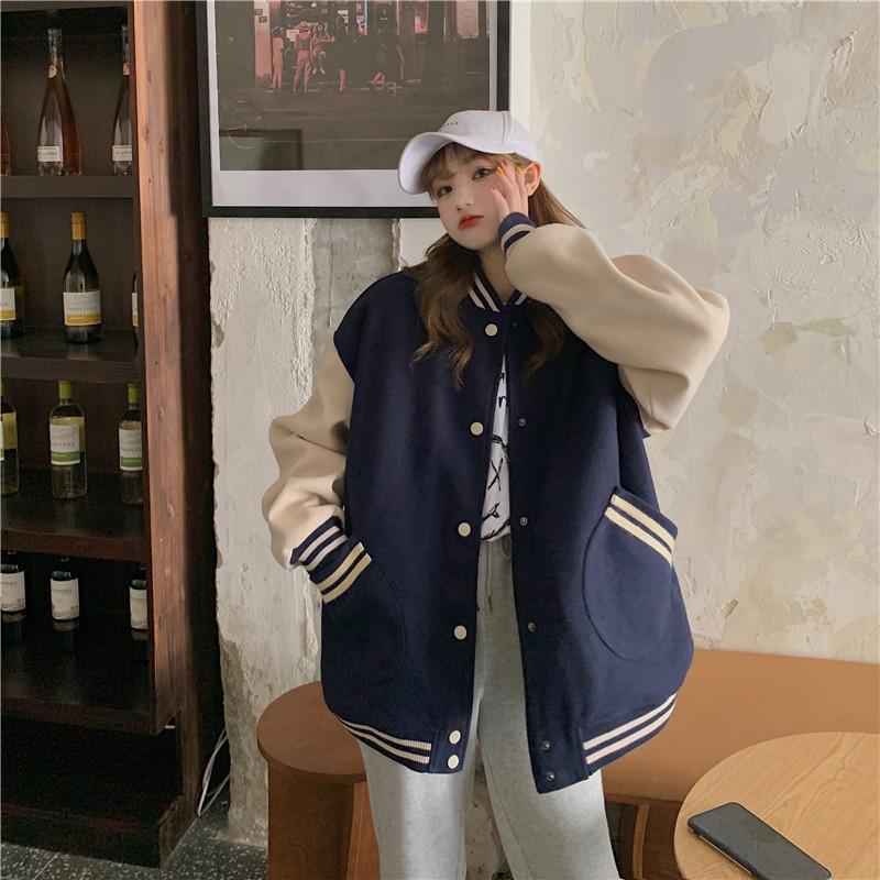 Herbst Frauen Baseball Jacke Harajuku Casual Lose Tasche Gedruckt Koreanische Übergroßen Bomber Sweatshirt Uniform Streetwear Tops