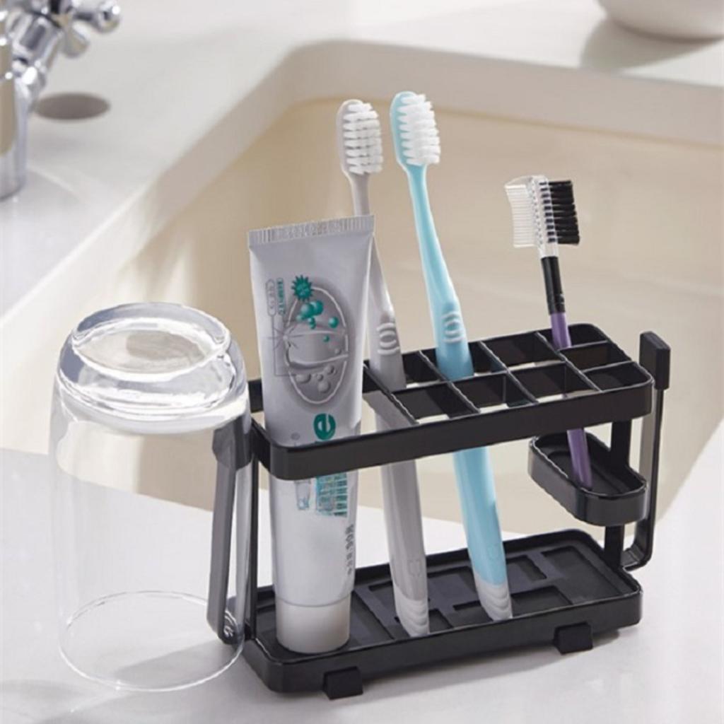 Countertop Toothbrush Holder with Bathroom Organizer Rack - Space-Saving Easy To Clean Washroom Storage for Toothpaste & Cups