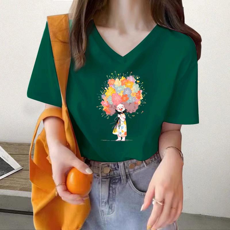 

Pure cotton girls printed short-sleeved t-shirt women s summer new front shoulder loose bottoming shirt top ins tide XXXL