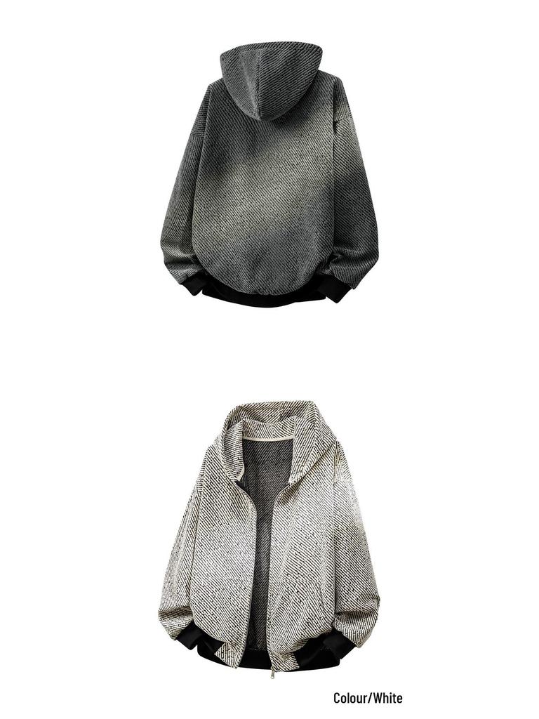 2025 Men's Trendy Striped Grey Cardigan Hoodie Jacket with Hat - American Street Style for Spring/Autumn