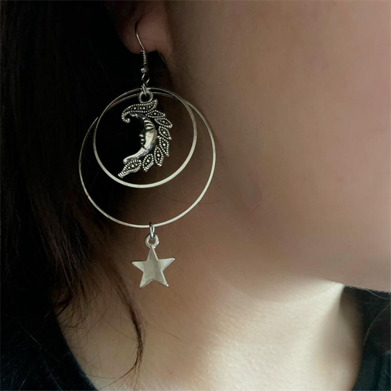 Vintage Silberne Tropfenohrringe mit Sonne, Mond und Stern für Damen, Boho-Kreis, Creolen, eleganter Schmuck