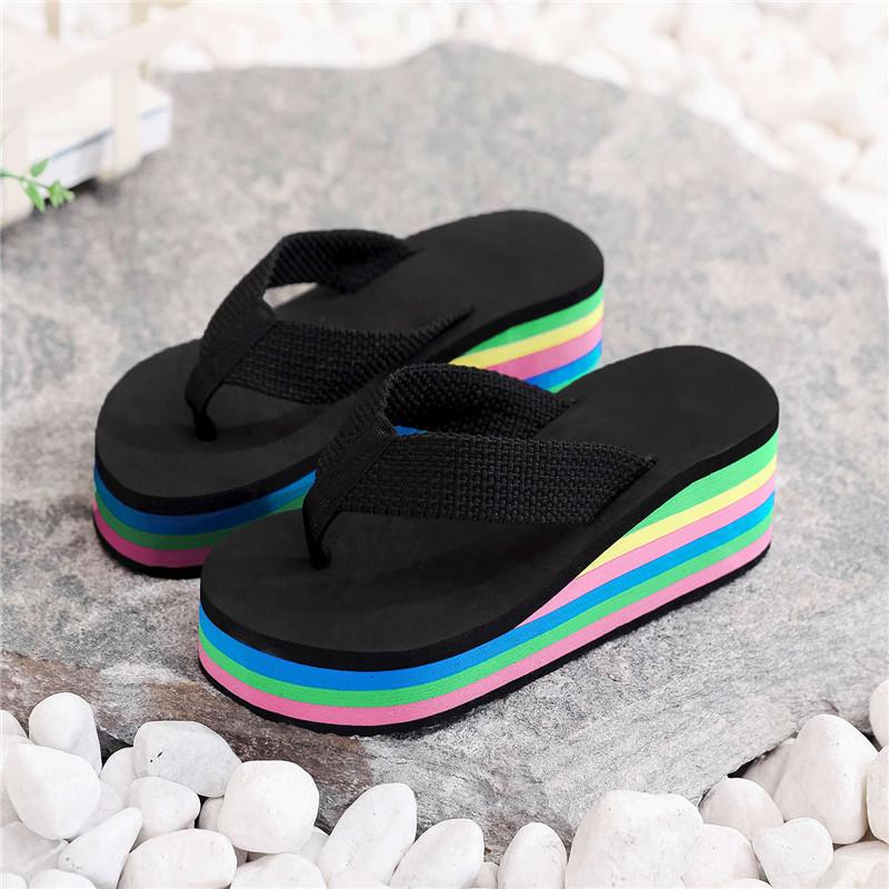 Women's Rainbow High-Heel Flip Flops: Colorful Thick-Soled Summer Beach Sandals