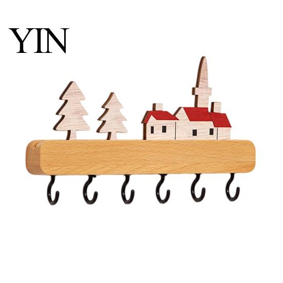 Kitchen Tool Storage Rack Key Holder with 6 Hooks, Solid Wood Entryway Organizer Rack, Wall No Drill for Mounted Space Saving Hook Keys Pet