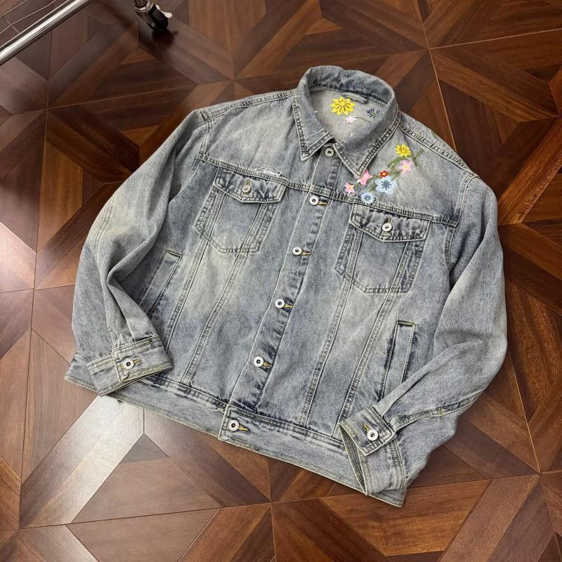 Unisex Streetwear Denim Jacket With Embroidery Detail Loose Fit Outerwear