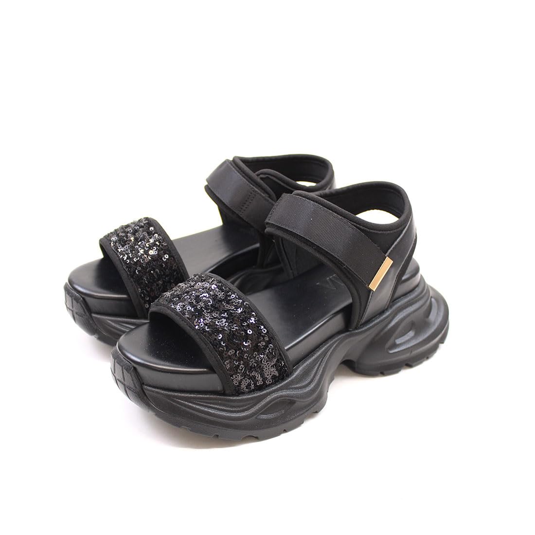 Женские спортивные сандалии на платформе Vivian с пайетками, ремешком на щиколотке и застежкой на липучке, Черные, Размер S (22,0-22,5см), V36001SM