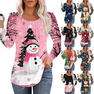 Women's Casual Top Christmas Printed Round Neck Long Sleeved Pleated T-shirt