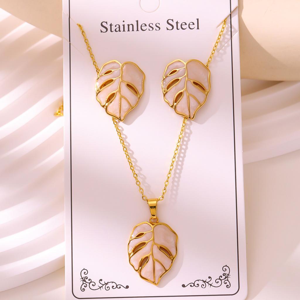 Luxury Trendy Black Enamel Leaf Design Jewelry Set High Quality Stainless Steel Gift for Women