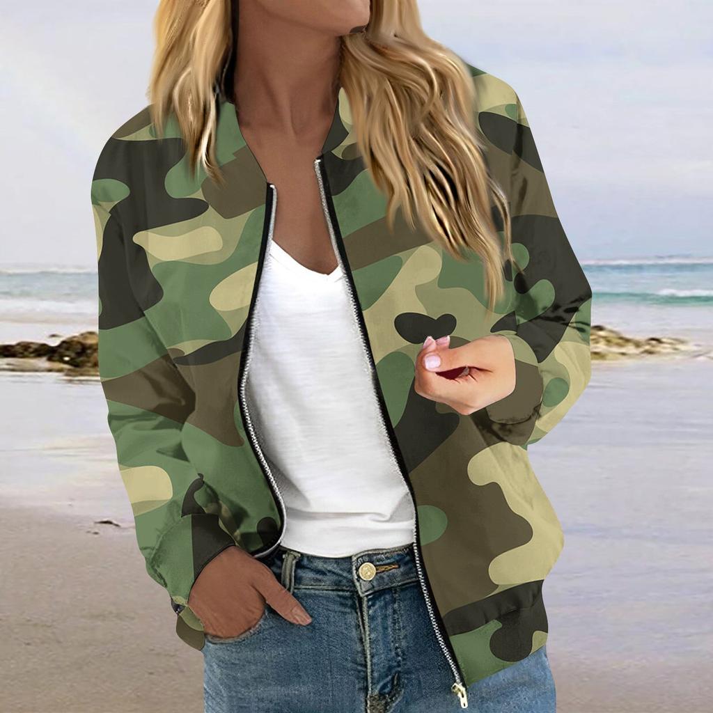 Damen Langarm Reißverschluss Camouflage Print Jacke Lässige Steppjacke mit Taschen