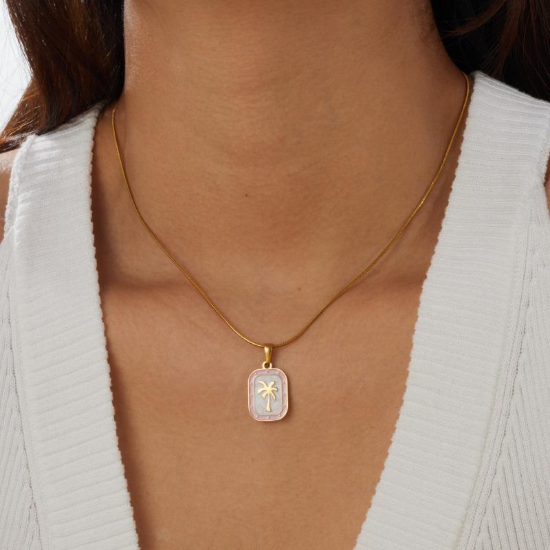 Gold Plated Stainless Steel Coconut Tree Enamel Pendant Necklace for Women