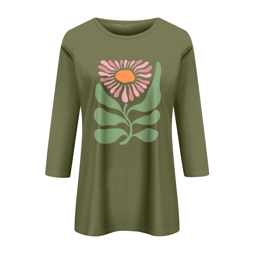 Damenmode, lässig, bedruckt, sieben Ärmel, Rundhalsausschnitt