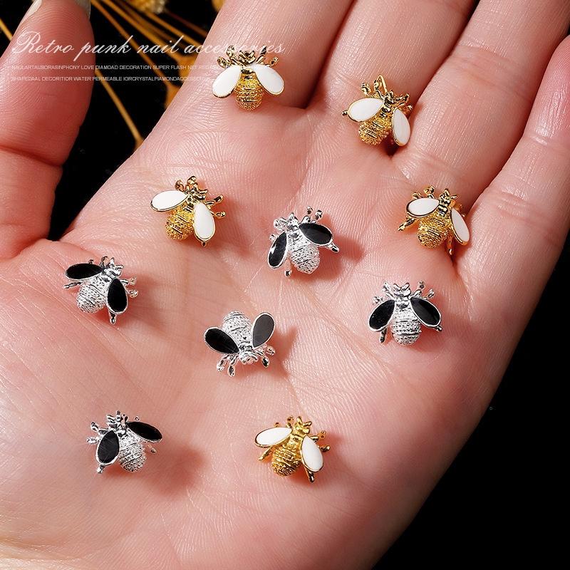 10 Stück Retro-Gold-Silber-Punk-Stil, Legierung, Nagelschmuck, Biene, Metall, Nagelkunst-Dekoration