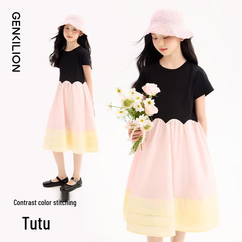 

KIYA Girls Korean Style Short Sleeve Patchwork Princess Dress 150