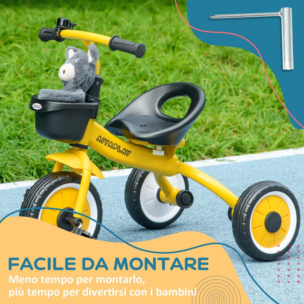 Kids Trike, Tricycle, with Adjustable Seat, Basket, Bell, for Ages 2-5 Years - Yellow