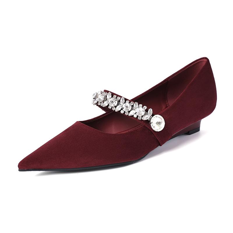 2025 New Fashionable and Versatile Solid Color Pointed Toe Women's Single Shoes with Rhinestone Decoration Slip-on Women's Shoes