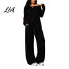 Solid Color Matching Sets Women Sweatshirt Pants 2-Piece Set, Off Shoulder Long Sleeve Top & Lounge Set Wide Leg Trousers, for Spring Autumn Two