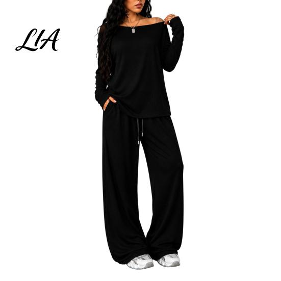 Solid Color Matching Sets Women Sweatshirt Pants 2-Piece Set, Off Shoulder Long Sleeve Top & Lounge Set Wide Leg Trousers, for Spring Autumn Two