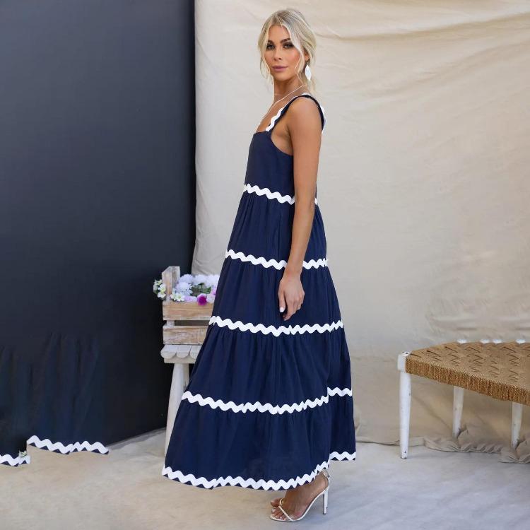 Sommer Dame Ermeløs Svingkjole Casual A-linje Stroppeløs Lang Camisole Seleskjørt Bølge Høy midje Kjoler Vår S-XL