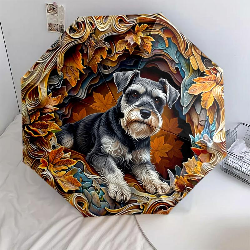 0106 Embossed Leaf Dog  Pattern, Automatic Folding Umbrella, Portable and Foldable Design, 8 Ribs, a Christmas or Birthday Gift.
