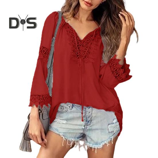 Women Tops V-Neck Embroidery Lace Trim Lace-up Long Sleeve Pullover Tops Solid Color Loose Fit Casual Style Shirt